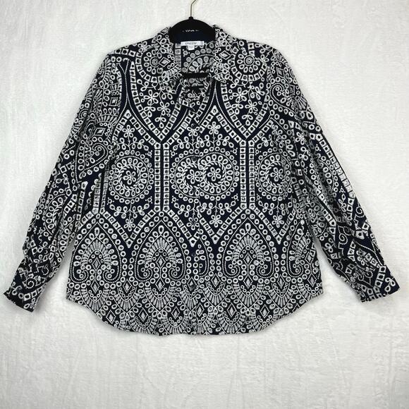 Chico´s Eyelet Billow Sleeve Shirt NWT Sz 2.5 14 Navy Blue White Embroidered - Picture 3 of 15